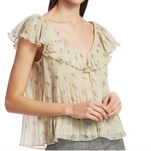 GANNI BLOUSE ECRU FLORAL PRINT PLEATED GEORGETTE V-NECK TOP